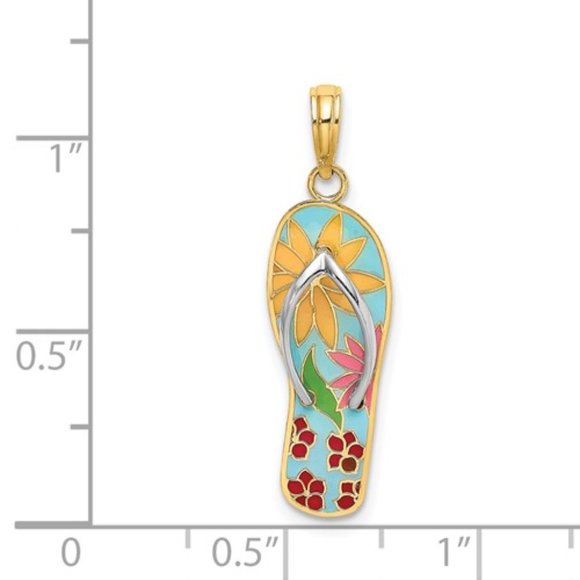 14k Yellow Gold 3D Enameled Flowers or Beach Scene On Flip Flop Charm Pendant - Picture 5 of 9